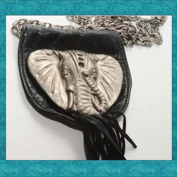 ONE of a KIND! Unique Statement Necklace Vintage Elephant Head Metal and Leather - Picture 5 of 10